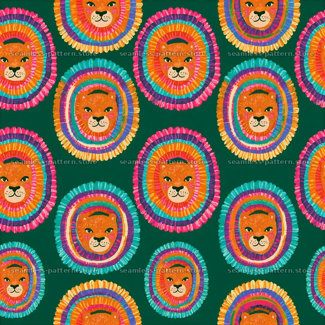 Lion face with rainbows seamless pattern for vibrant designs — seamless tileable pattern