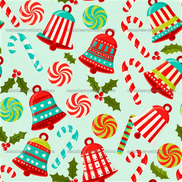 Bright Christmas bell tileable pattern with candy and holly elements — seamless tileable pattern