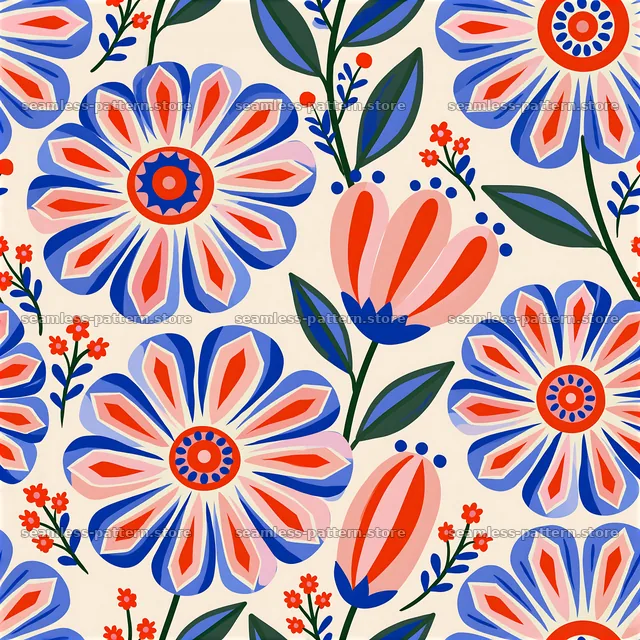 Folk art flower seamless pattern in bright colors with leaves — seamless tileable pattern