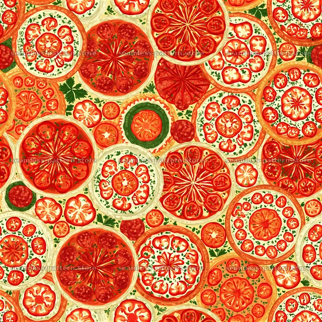 Seamless spicy pizza pattern with tomatoes, cheese, and herbs in design — seamless tileable pattern