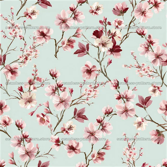 Repeat hand painted floral pattern with pink flowers — seamless tileable pattern