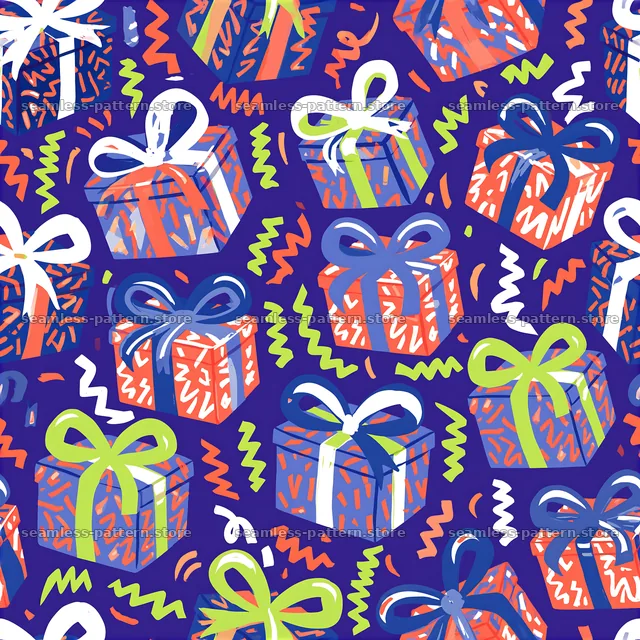 Repeating pattern with gift boxes and streamers on a purple background — seamless tileable pattern