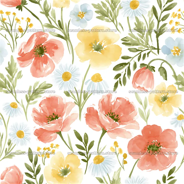 Vintage floral repeat pattern with colorful flowering plants — seamless tileable pattern
