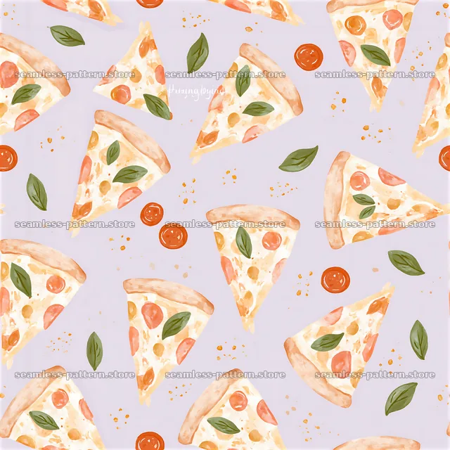 Seamless nursery pizza pattern with slices, tomatoes, and basil — seamless tileable pattern