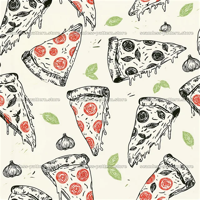 Seamless doodle pizza pattern with slices and toppings on light background — seamless tileable pattern
