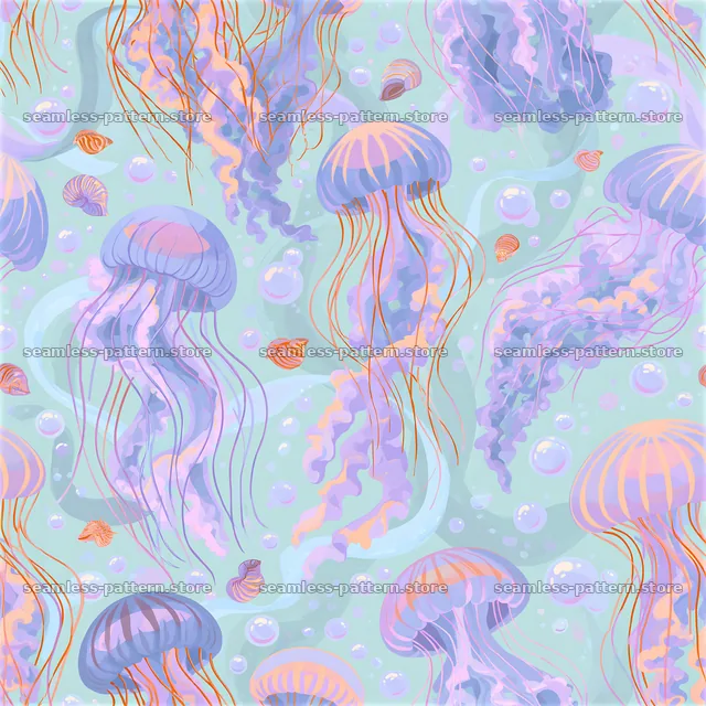 Colorful ocean seamless pattern featuring jellyfish and seashells — seamless tileable pattern