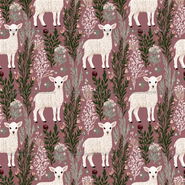 Repeat pattern with gentle lamb illustrations and meadow flowers — seamless tileable pattern