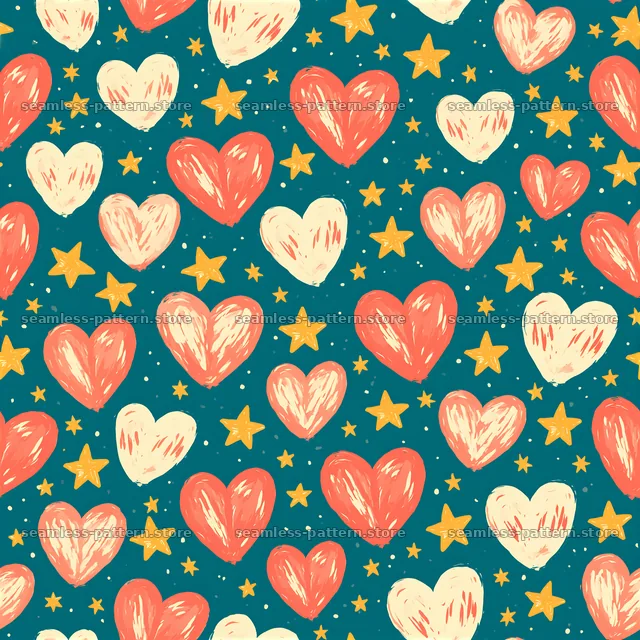Seamless heart and star pattern in shades of red and yellow — seamless tileable pattern