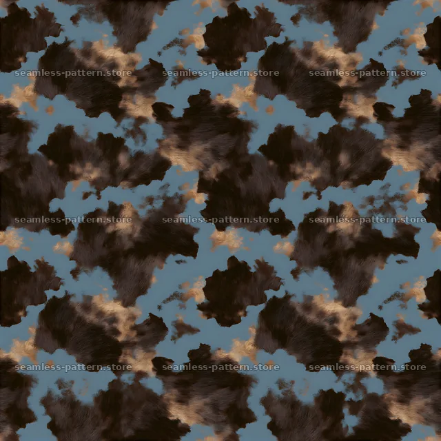 Seamless chocolate brown cowhide repeat pattern with blue accents — seamless tileable pattern