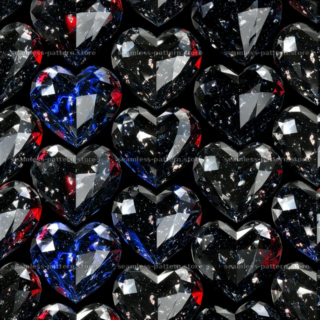 Heart crystals repeating pattern in dark colors with shiny facets — seamless tileable pattern