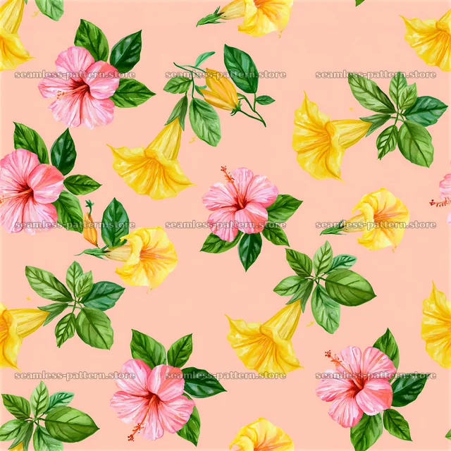 Seamless watercolor exotic flower pattern in yellow and pink hues — seamless tileable pattern