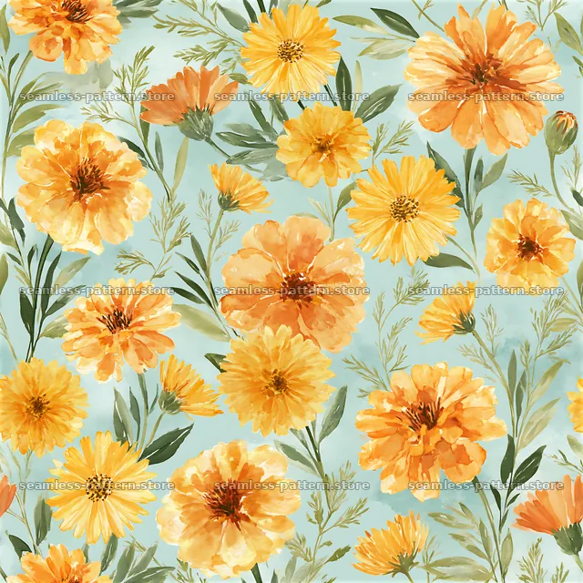 Floral watercolor pattern with yellow flowers and green leaves — seamless tileable pattern