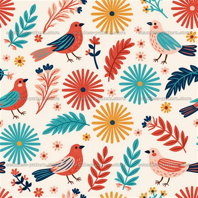Colorful folk art seamless pattern with birds and flowers — seamless tileable pattern