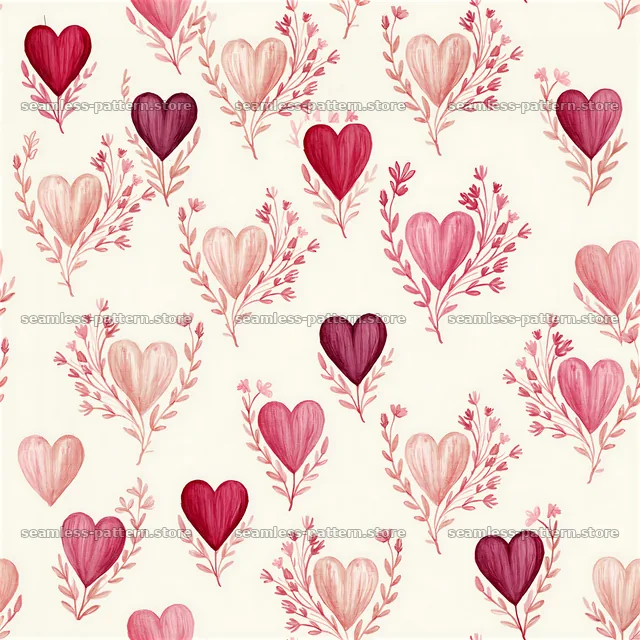 Seamless romantic heart pattern with floral elements in pink hues — seamless tileable pattern