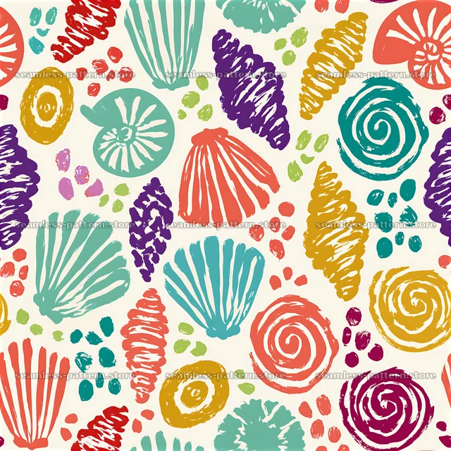 Vibrant color pop motifs tileable pattern featuring shells and swirls — seamless tileable pattern