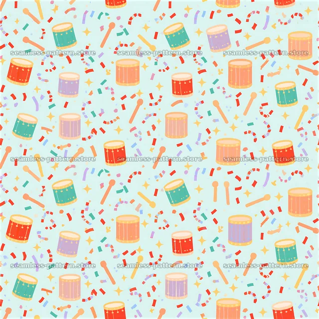 Colorful festive drums seamless pattern fills the space with joy — seamless tileable pattern