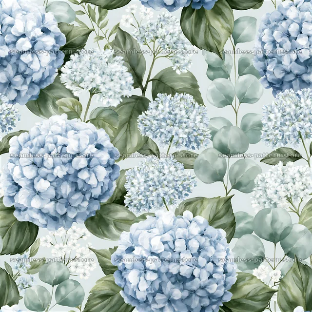 Seamless watercolor flower and leaf pattern in blue and green — seamless tileable pattern