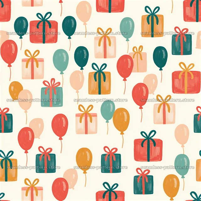 Seamless pattern with gift boxes and balloons in bright colors — seamless tileable pattern