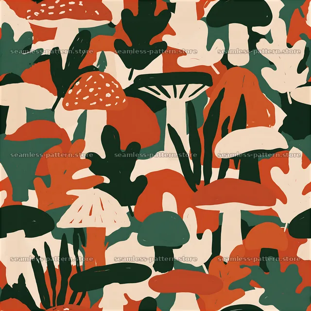 Seamless camouflage pattern for curtains and decorative fabric with fungi and leaves — seamless tileable pattern