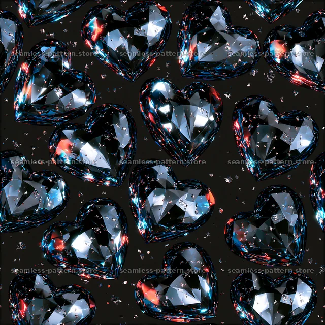 Heart crystals repeating pattern on dark background — seamless tileable pattern