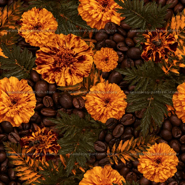 Seamless coffee beans and flowers pattern with orange marigold blooms — seamless tileable pattern