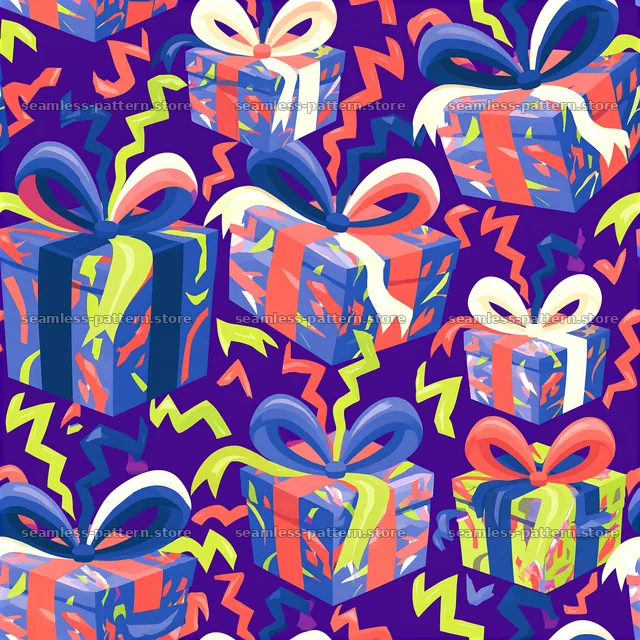 Repeating pattern with gift boxes and streamers on a vibrant background — seamless tileable pattern