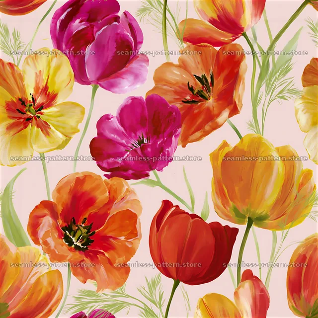 Colorful tulip seamless pattern featuring a variety of flower colors — seamless tileable pattern