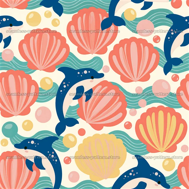 Adorable dolphin seamless pattern for kids featuring shells — seamless tileable pattern