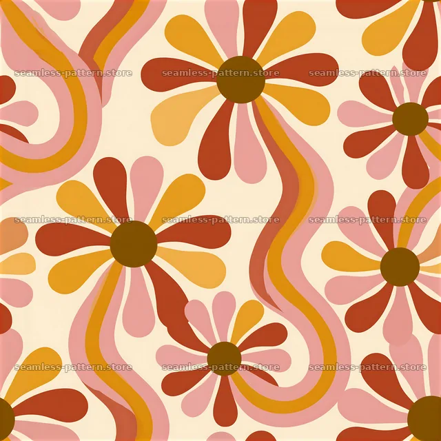Retro daisies seamless pattern with bright flowers and flowing lines — seamless tileable pattern