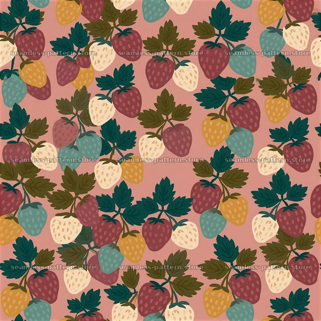 Colorful strawberries seamless pattern with leaves and different colors — seamless tileable pattern