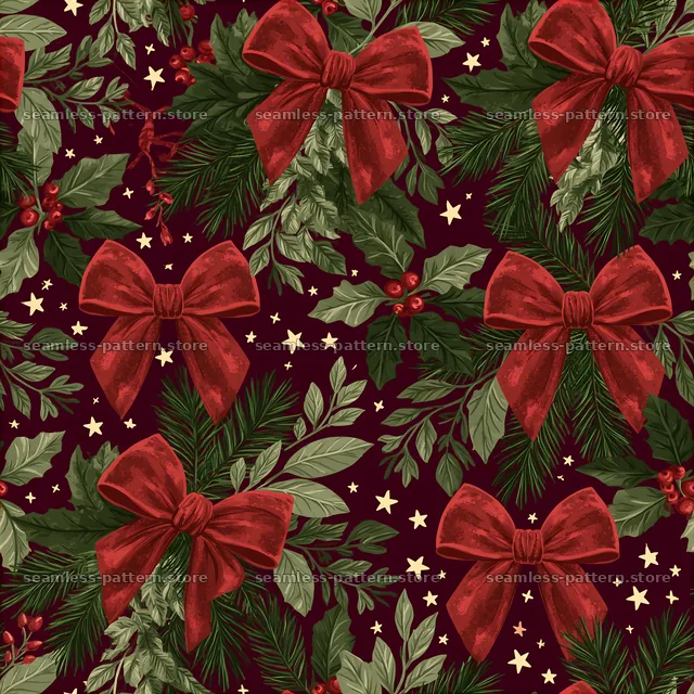 Seamless red and green Christmas pattern with bows and foliage — seamless tileable pattern