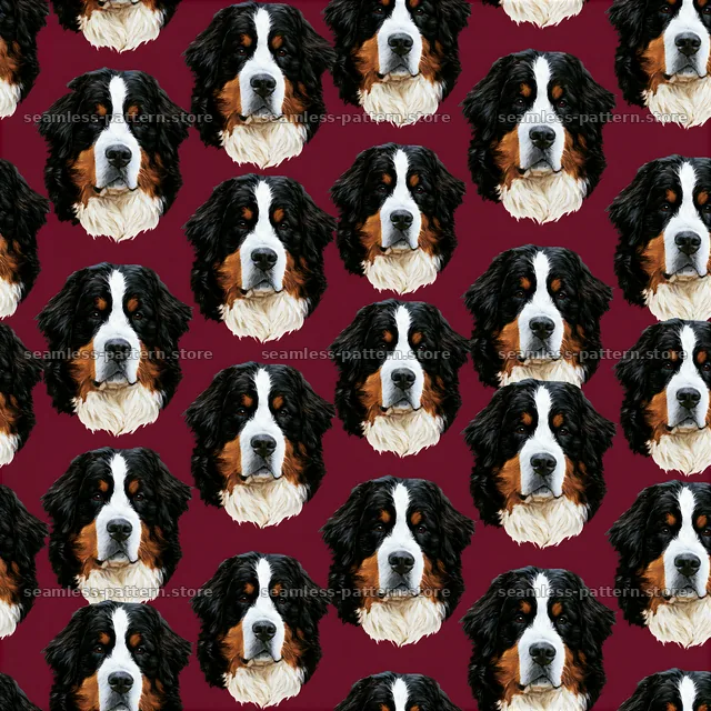 Repeat pattern with realistic dog portraits on a burgundy background — seamless tileable pattern
