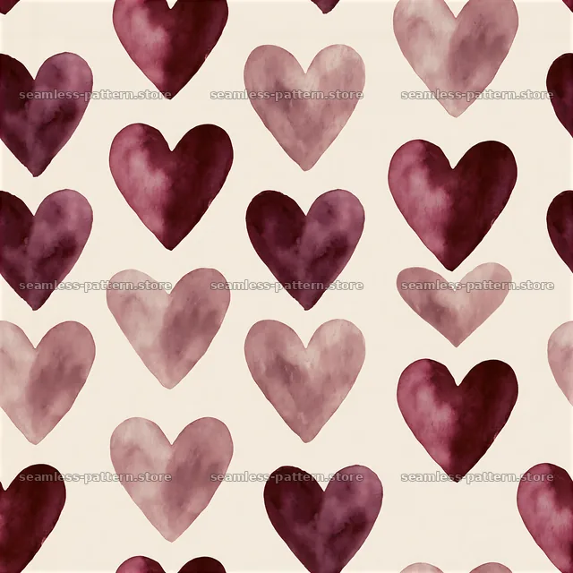 Watercolor hearts seamless pattern in shades of red and pink — seamless tileable pattern