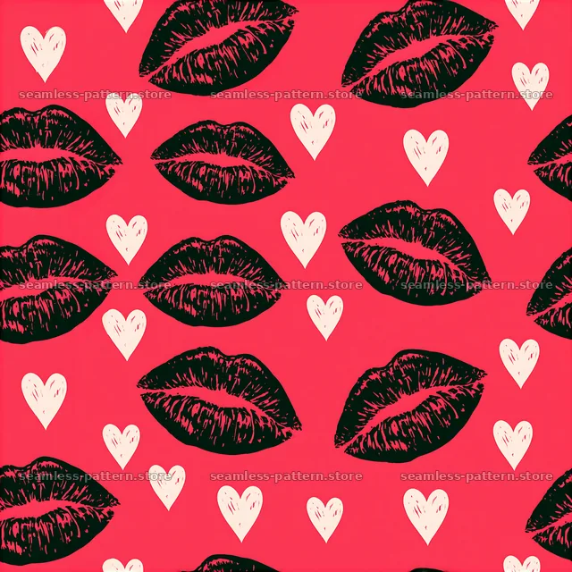 Repeat pattern with glossy lipstick prints and hearts on bright red background — seamless tileable pattern