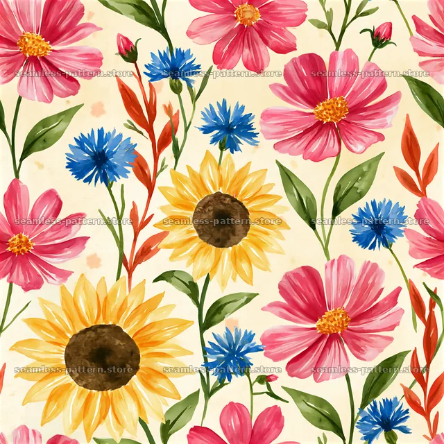 Colorful watercolor blooms seamless pattern on light background — seamless tileable pattern