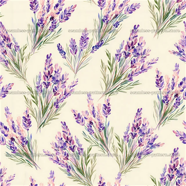 Seamless watercolor lavender pattern with lightly hued flowers and green stems — seamless tileable pattern