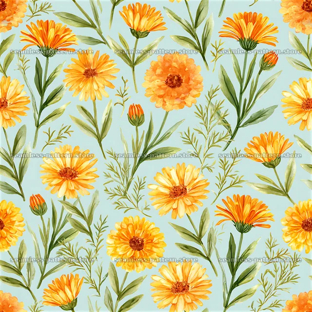 Yellow floral watercolor pattern with green leaves — seamless tileable pattern