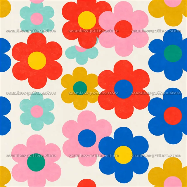 Multicolor floral dots tileable pattern with various flower shapes — seamless tileable pattern