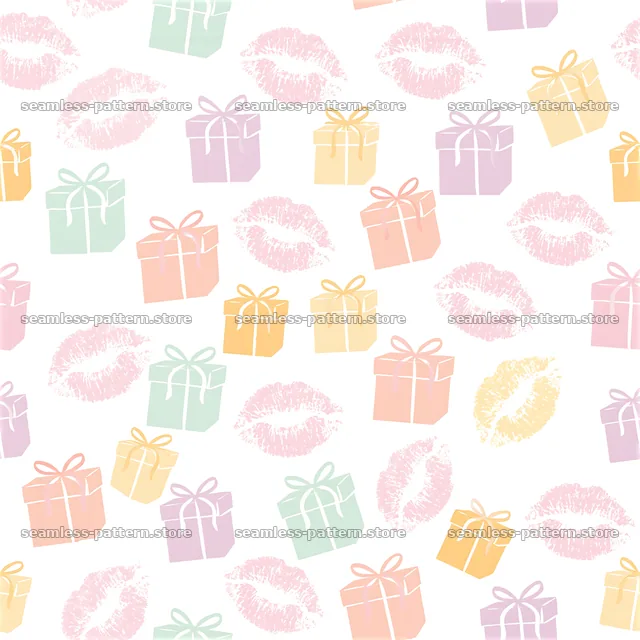 Seamless pattern of kiss prints with colorful gift boxes on white background — seamless tileable pattern