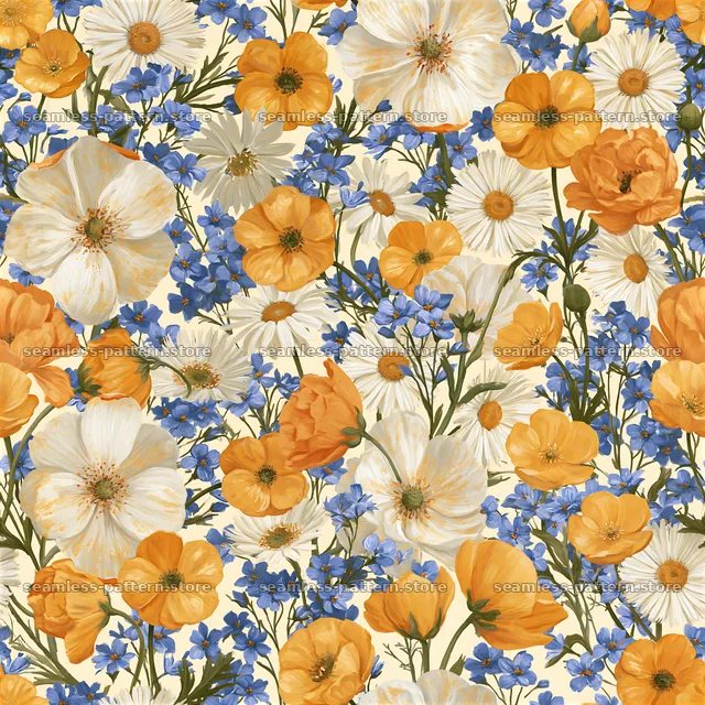 Dense flower repeating pattern with orange and blue flowers — seamless tileable pattern