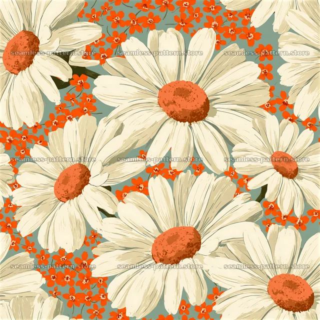 Retro daisy pattern with orange accents on green background — seamless tileable pattern