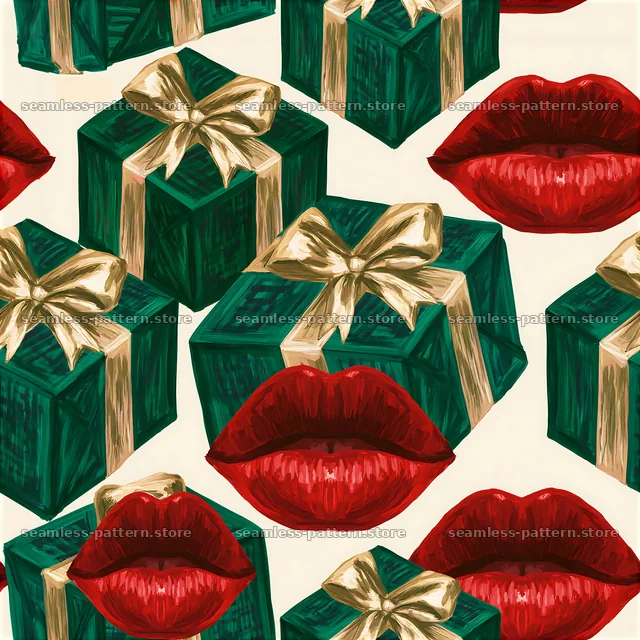 Repeating pattern of romantic lips and holiday presents — seamless tileable pattern