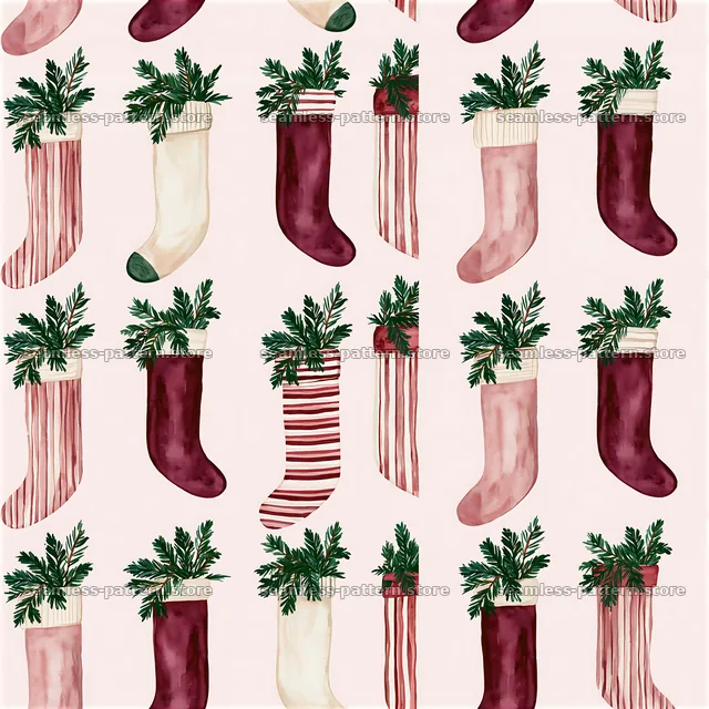 Cheerful holiday stockings seamless pattern with greenery and festive colors — seamless tileable pattern