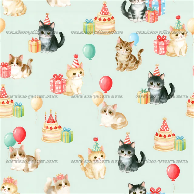 Birthday kittens seamless pattern with gifts and balloons — seamless tileable pattern