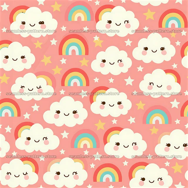 Happy cloud seamless pattern for kids with rainbows and stars — seamless tileable pattern