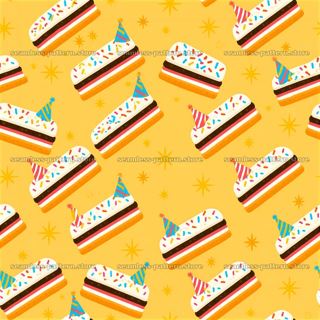 Birthday ice cream seamless pattern with colorful desserts and hats — seamless tileable pattern