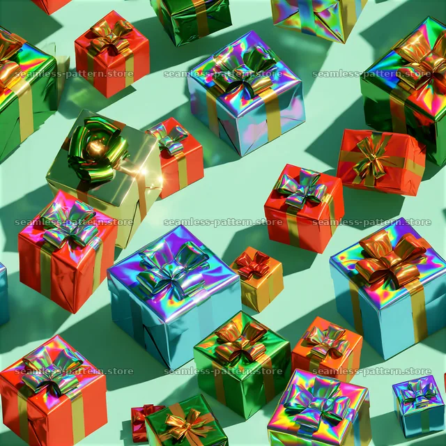 Tileable pattern of festive presents with metallic ribbons — seamless tileable pattern