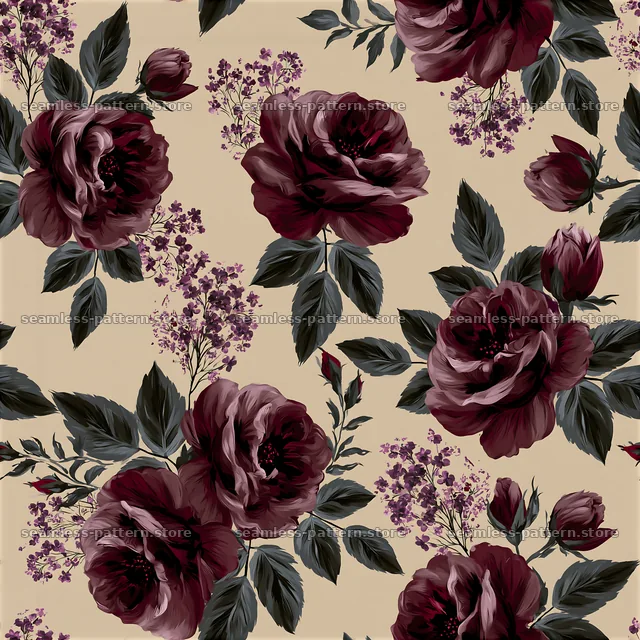 Romantic roses seamless pattern with dark flowers and light background — seamless tileable pattern