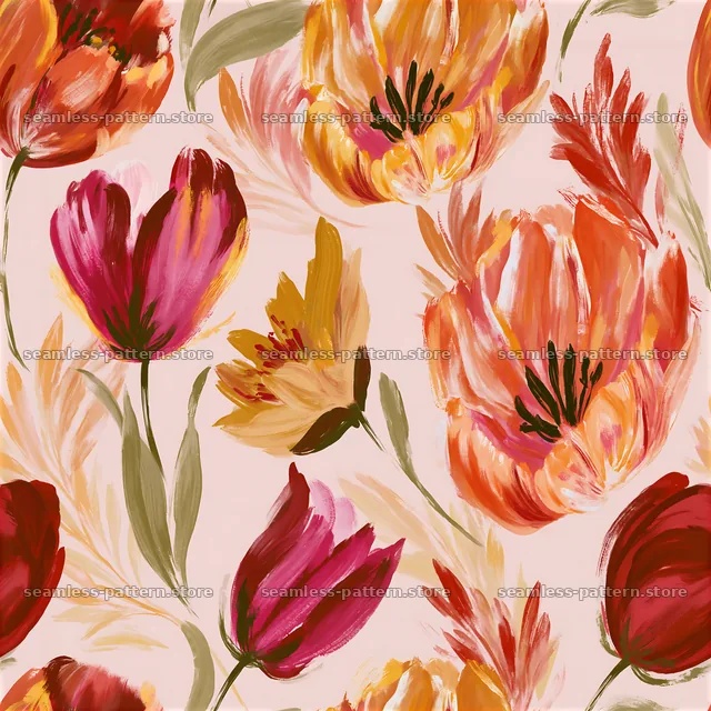 Colorful tulip seamless pattern on a light pink background — seamless tileable pattern