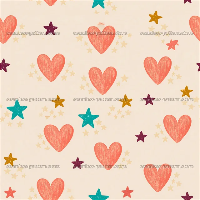 Heart stars repeat pattern with colorful elements in a soft tone — seamless tileable pattern